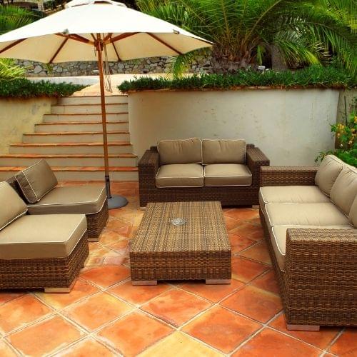 garden patio tiles with garden furniture