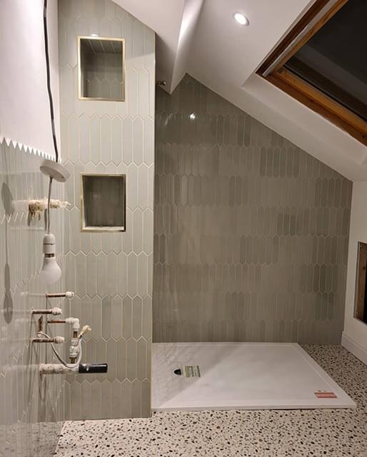 Instagram customer photo (Brentwood_no6) of bathroom installation using cocoa granite terrazzo sheet vinyl flooring