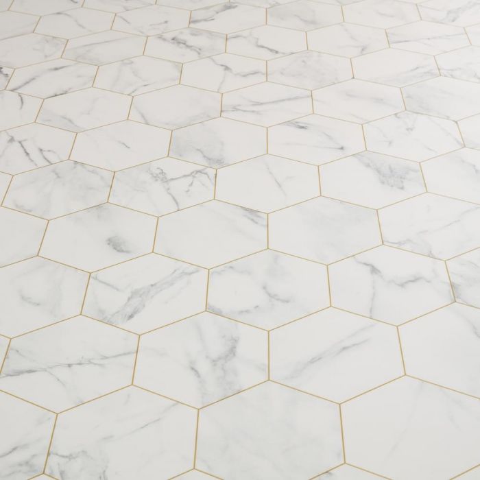 Hexagon Tile Design Sheet Vinyl In White Marble With Gold Printed Groutlines