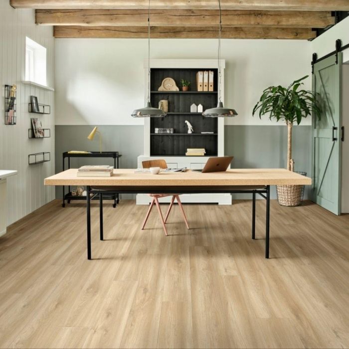 medium oak click vinyl flooring planks for home office space with textured finish and v groove edges