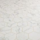 Hexagon Tile Design Sheet Vinyl In White Marble With Gold Printed Groutlines