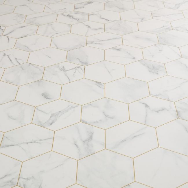 Hexagon Tile Design Sheet Vinyl In White Marble With Gold Printed Groutlines