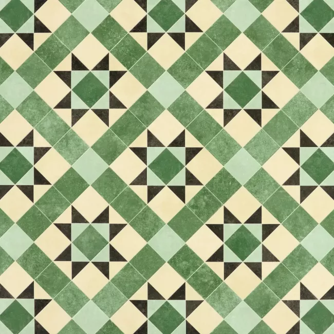Bottle Green Tile Effect Vinyl Flooring Sheet In Victorian Design With A Smooth Surface Finish
