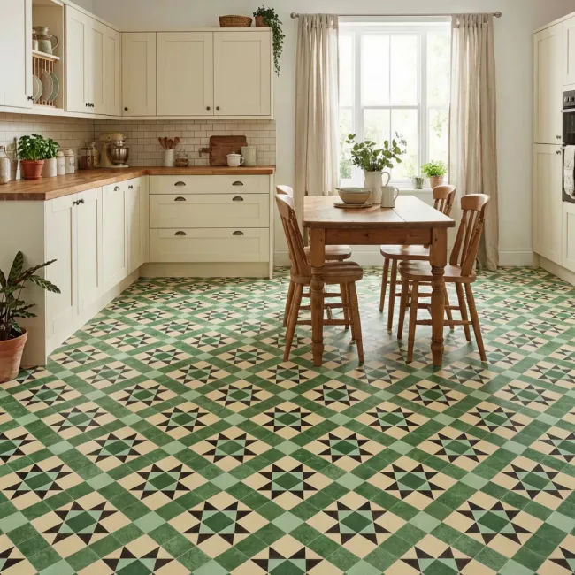 Bottle Green Tile Effect Vinyl Flooring Sheet In Victorian Design With A Smooth Surface Finish
