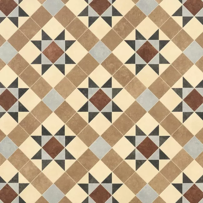 Victorian Star Design Vinyl Flooring Sheet In Blue, Red And Sand Colours For Residential Homes