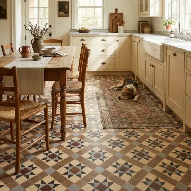 Victorian Star Design Vinyl Flooring Sheet In Blue, Red And Sand Colours For Residential Homes