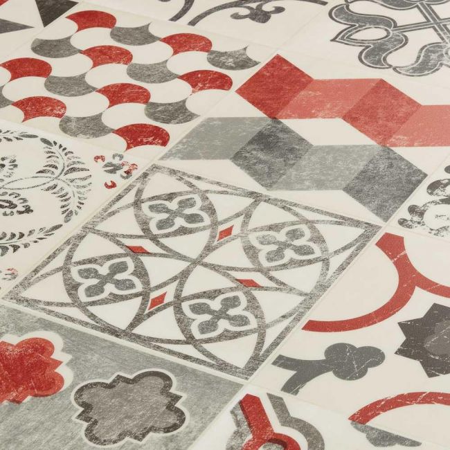 Red Shabby Chic Patterned Vinyl Flooring With Beige And Grey Tones For Hallways And Bathrooms