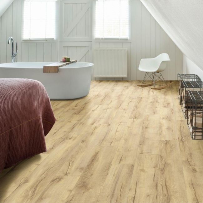 rigid click vinyl flooring in natural wood effect for bathrooms with white walls layred mountain oak 56220