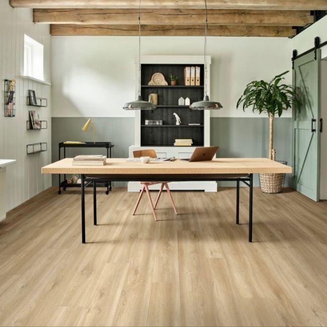 medium oak click vinyl flooring planks for home office space with textured finish and v groove edges