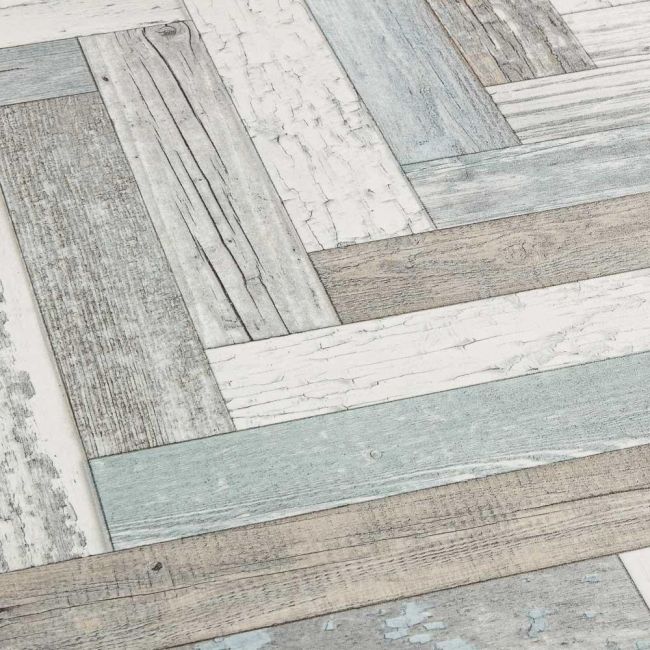White, Blue And Green Distressed Herringbone Design Cushioned Lino Flooring Pacific Painted Wood