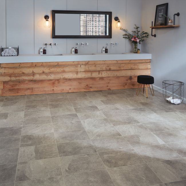 Rectangle Luxuxry Vinyl Floor Tiles In Medium Grey Riven Slate Design That Can Be Fitted With Grout Strips St16