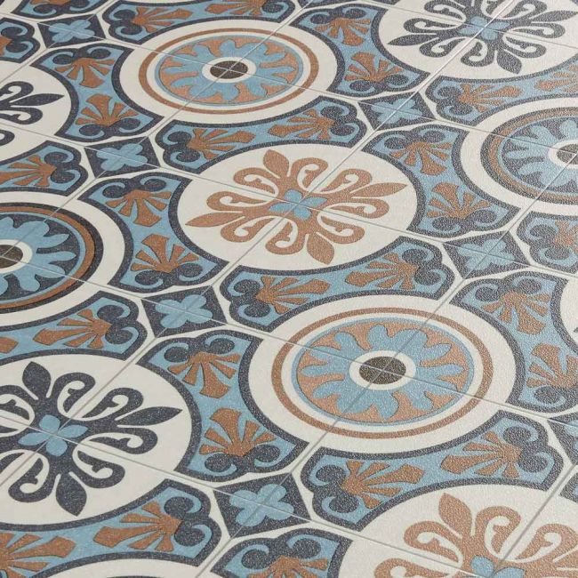 Tangier 05 Blue, Brown And Grey Moroccan Style Vinyl Flooring Lino Sheet In Bathrooms And Kitchens