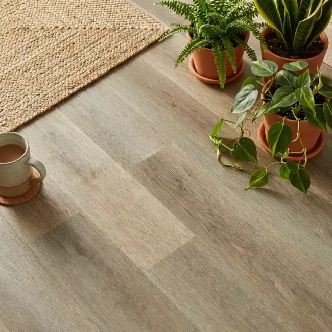 universal rigid click roasted pecan wood effect lvt flooring for kitchens, bathrooms and hallways with micro bevelled edges