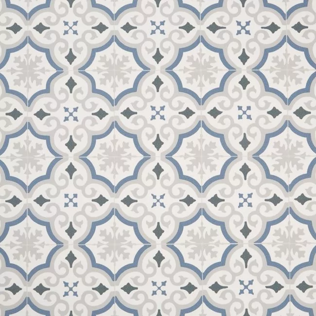 Evora 573 Tile Effect Vinyl Flooring Sheet In Blue Spanish Design