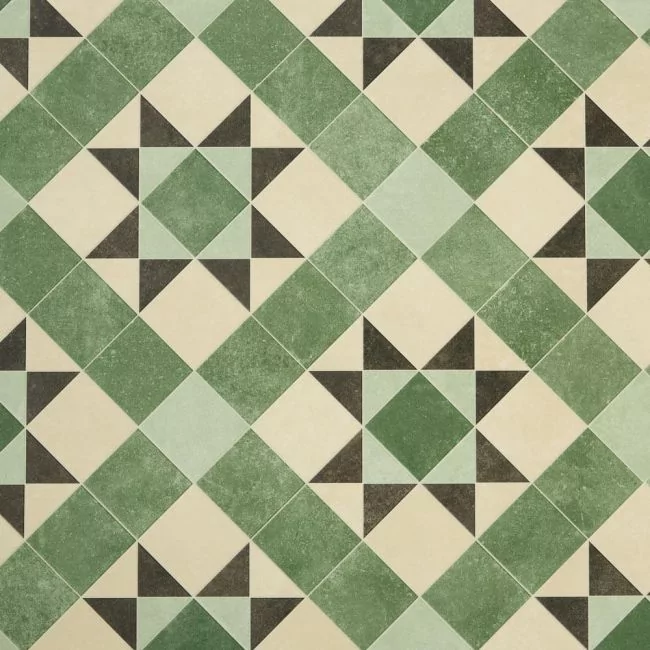 Bottle Green Tile Effect Vinyl Flooring Sheet In Victorian Design With A Smooth Surface Finish
