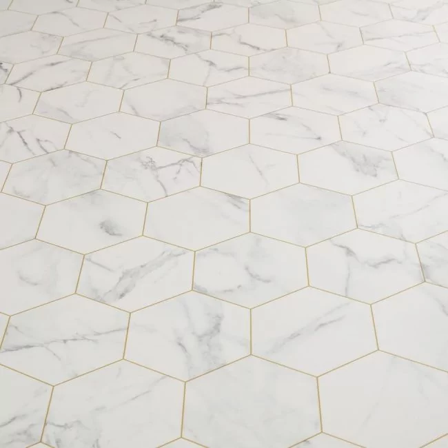 Hexagon Tile Design Sheet Vinyl In White Marble With Gold Printed Groutlines