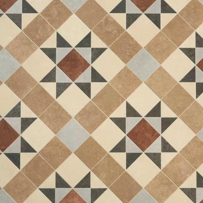 Victorian Star Design Vinyl Flooring Sheet In Blue, Red And Sand Colours For Residential Homes