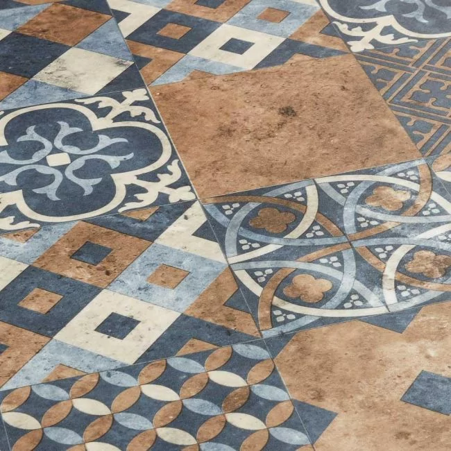 Kitchen, Bathroom And Hallway Patchwork Flooring In Blue, Brown And Grey Pattern