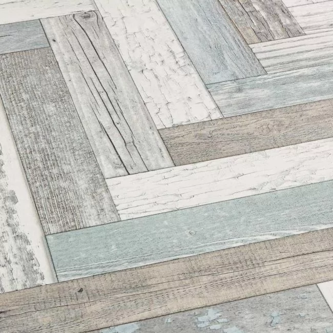 White, Blue And Green Distressed Herringbone Design Cushioned Lino Flooring Pacific Painted Wood