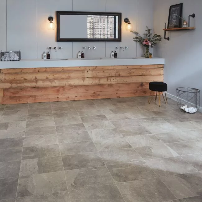 Rectangle Luxuxry Vinyl Floor Tiles In Medium Grey Riven Slate Design That Can Be Fitted With Grout Strips St16