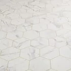 Hexagon Tile Design Sheet Vinyl In White Marble With Gold Printed Groutlines