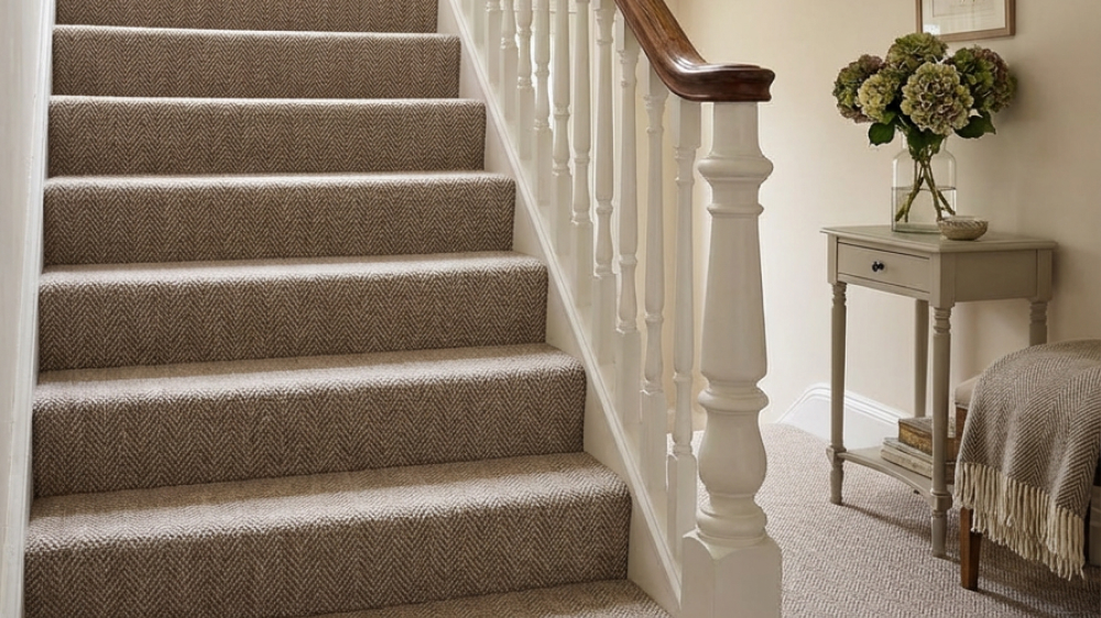 Resilience Latte Herringbone Carpet on stairs